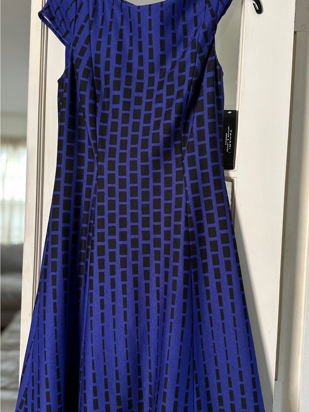 Tahari Royal Blue and Black Square-Print Midi Dress